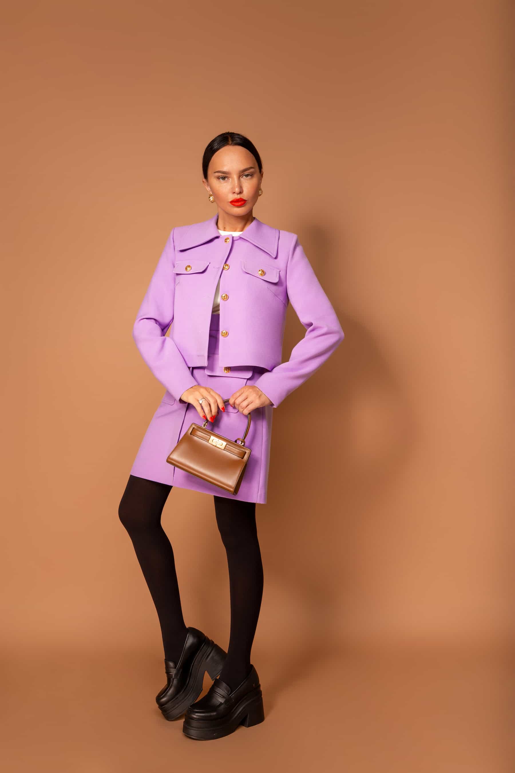 Lilac two-piece suit with gold buttons (jacket and trapeze skirt)